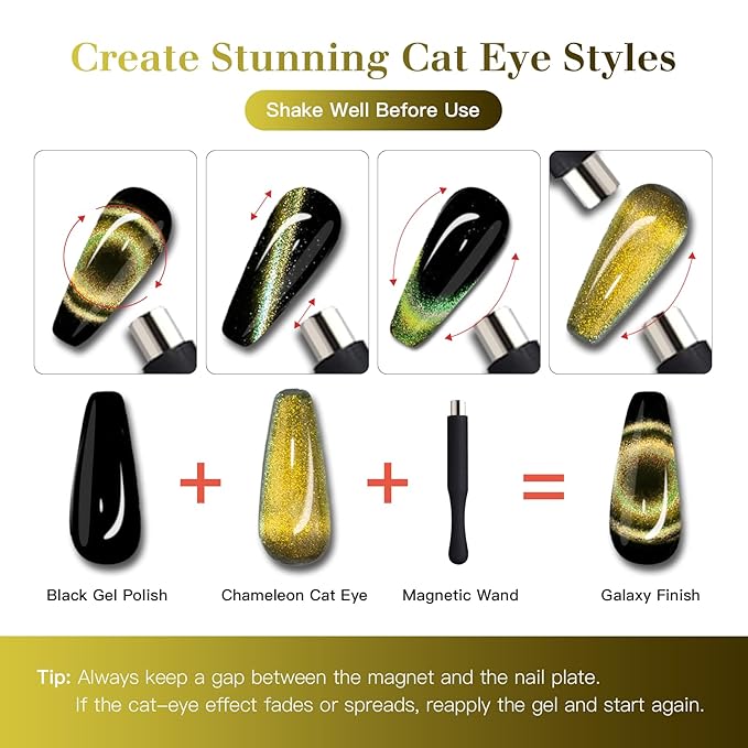 9D Cat Eye Gel Nail Polish Set, 15ml Black Gel + 15ml Gold Glitter Cat Eye Gel, Includes Silicone Handle Cylinder Magnetic Stick for Mesmerizing 9D Effects