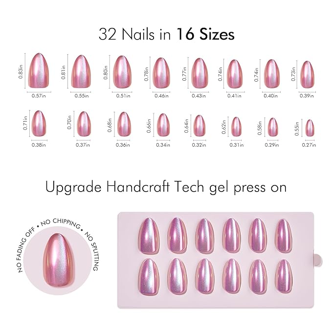 Press on Nails Short Almond - Pink Cat Eye Chrome Nails Kit, Reusable Aurora Effect Fake Nails with Nail Glue, Protector Cuticle Oil, Adhesive Tabs & Mini Nail File - 32 PCS in 16 Sizes (Siren)