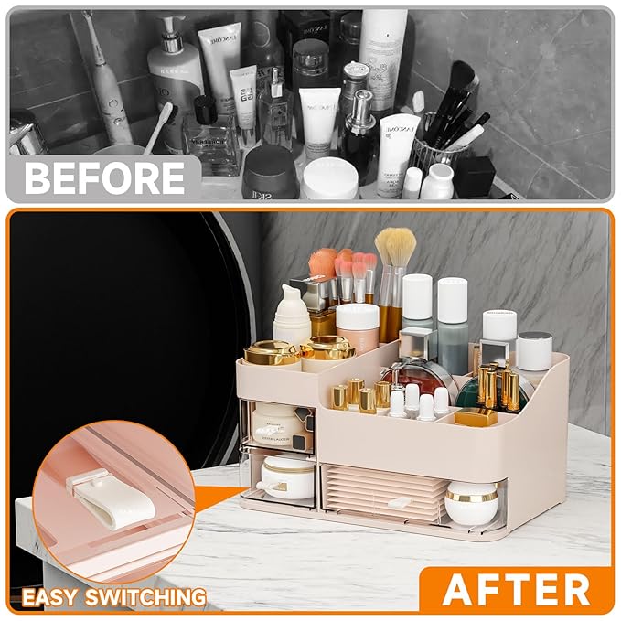 Make Up Organizer With 3 Drawers, Large Capacity Plastic Cosmetic Storage for Dresser and Vanity, Ideal for Beauty, Perfume, Brushes, Skincare, Bathroom Organizers and Storage Counter, Pink