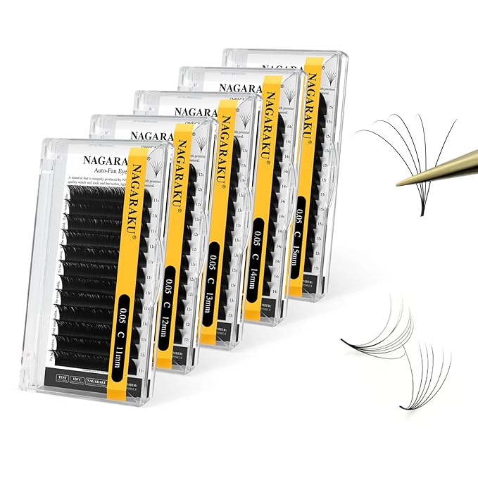 NAGARAKU Easy Fan Eyelash Extensions Volume Lashes 5 Trays in 1 Pack 0.05 C curl 11/12/13/14/15mm Rapid Blooming Soft Cluster For Beginners
