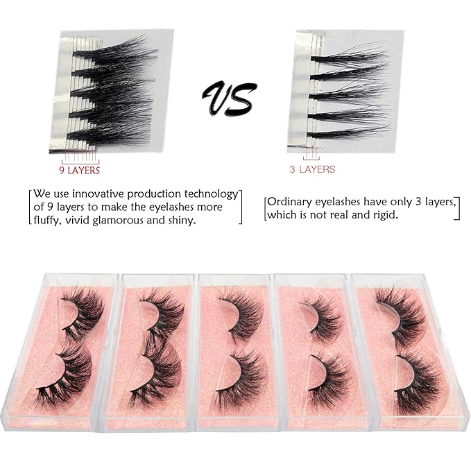 GOO GOO 3D Mink Eyelashes, Middle Long Crossed Cluster Type Fake Eyelashes 18mm-20mm 5 Styles Multipack Natural Layered Hand Made Strips Siberian Mink Fur Lashes Fluffy Full False Eyelashes