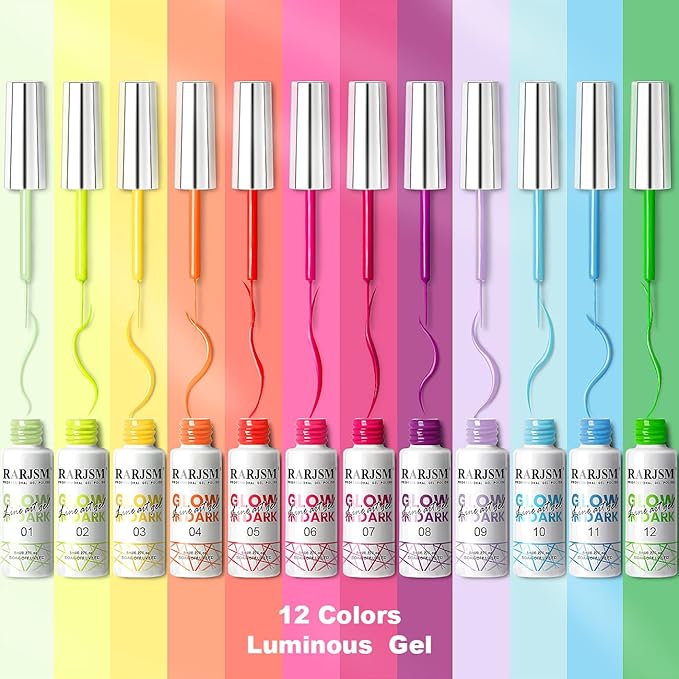 RARJSM Nail Art Gel Set, Glow In The Dark Gel Liner Nail Art Polish Luminous Gel Design Nail Polish Neon Fluorescent Drawing Painting Nail Art Polish