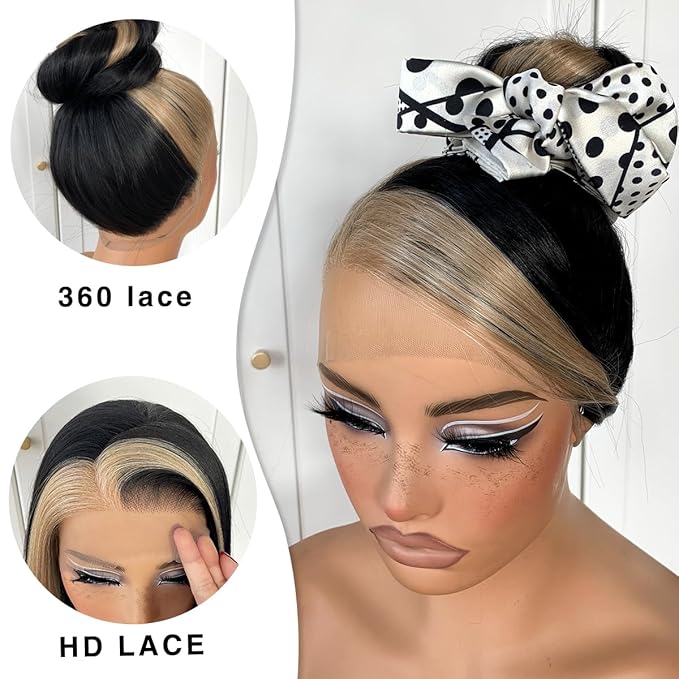 360 Skunk Srtipe Lace Front Wig Pre-Plucked Straight HD Glueless Lace Front Wig Synthetic Highlights Long Straight Lace Front Wig 32inch