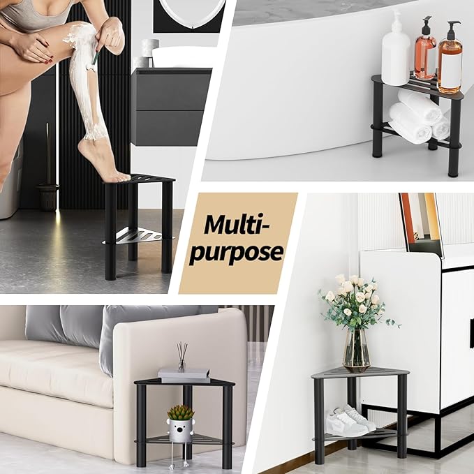 Metal Corner Shower Foot Stool for Shaving Legs, Shower Foot Rest Bench for Inside Shower with Storage Shelf, Small Step Stools, Waterproof Non-Slip Bath Stool to Sit (Black)