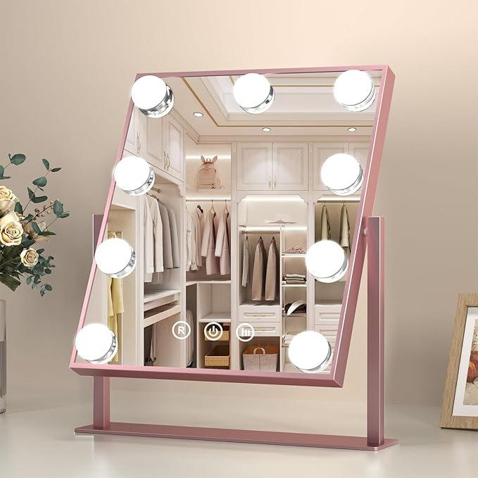 COSMIRROR Vanity Makeup Mirror with Lights, Hollywood Large Mirror with Lights, Lighted Vanity Mirror with 9 Dimmable Bulbs & 3 Color Modes,Touch Control Tabletop Makeup Mirror 360°Rotation