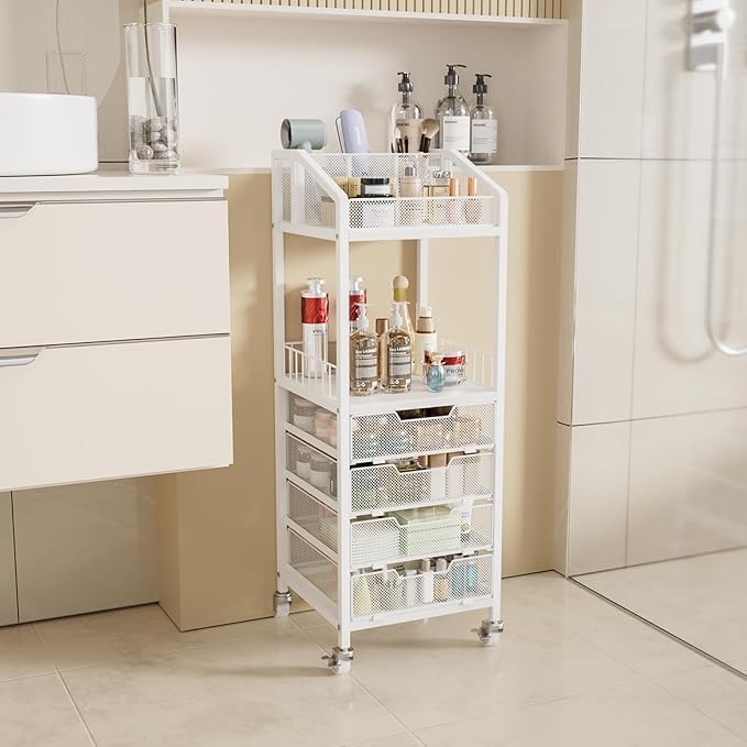 HapiRm Makeup Organizer Storage Cart - Floor Skincare Make Up Storage with 4 Drawers, Rolling Makeup Cart Vanity Organizer Cosmetics Display Cases Holder for Skin Care Perfume Nail Polish