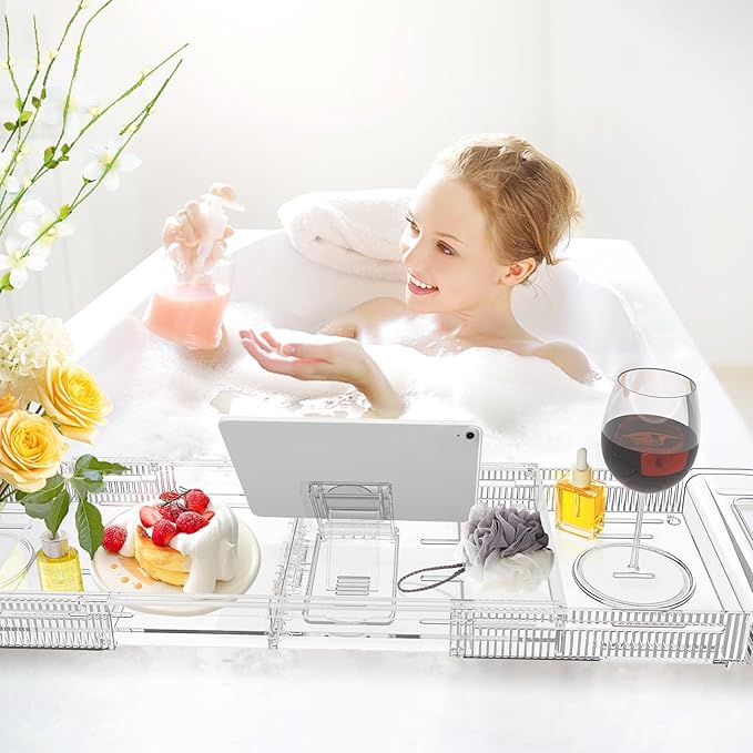 Expandable Drain Bath Caddy Tray for Tub, YOCOMEY Multifunctional Acrylic Bathtub Tray Bathroom Organizer, Simple Bathtub Table Trays Storage Rack for Candle Towel Book Wine Phone Shower(Clear)