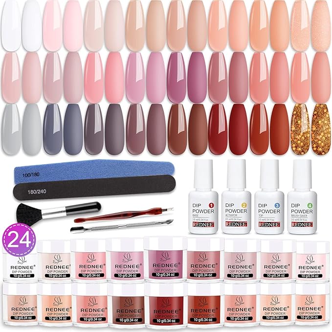 REDNEE 33pcs Dip Powder Nail Kit 24 Colors Nude Gray Series Dip Manicure Kit with Dipping Powder System Liquid Set and Essential Manicure Tools for French Nail Art Design Home DIY RE83