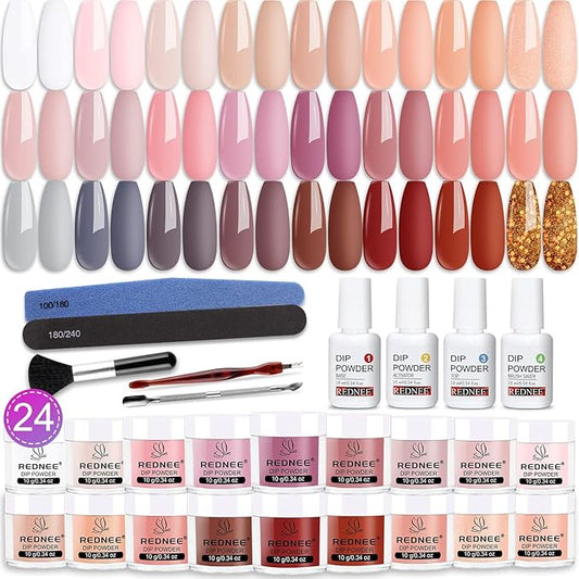 REDNEE 33pcs Dip Powder Nail Kit 24 Colors Nude Gray Series Dip Manicure Kit with Dipping Powder System Liquid Set and Essential Manicure Tools for French Nail Art Design Home DIY RE83