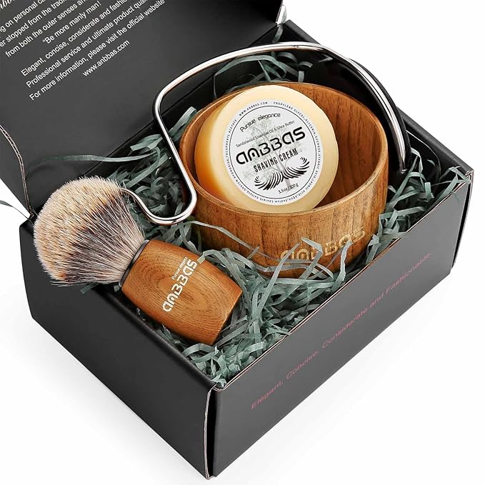 Anbbas Badger Hair Shaving Brush with Wood Handle,Large Soap Bowl,Stainless Steel Shaving Stand and 3.5 oz Natural Shaving Soap Puck Refill for Men
