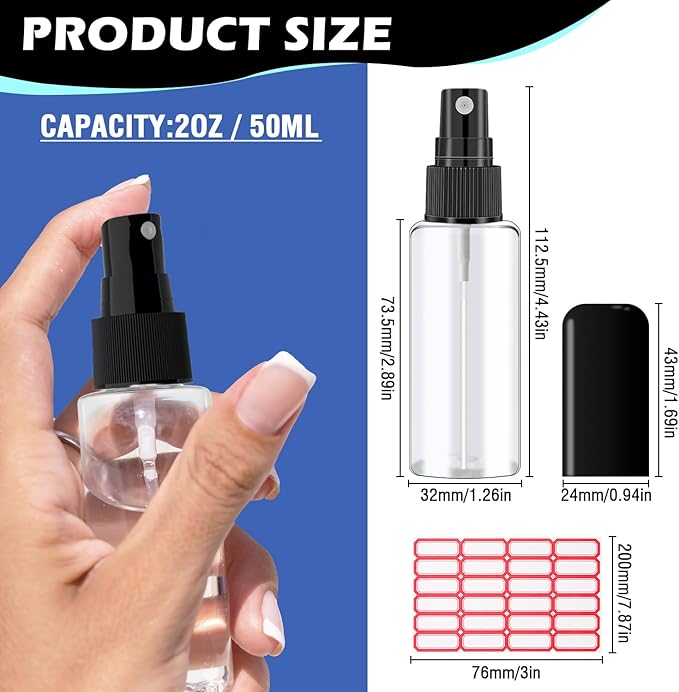 30 Pack 2oz/55ml Plastic Spray Bottles Mini Travel Spray Bottle with Black Cap Empty Fine Mist Spray Bottles Refillable Liquid Container for Perfumes Travel Makeup