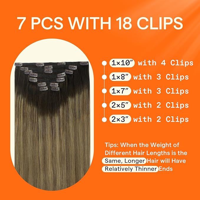 Full Shine Real Human Hair Extensions Clip ins Brown Balayage Clip on Hair Extensions Human Hair Dark Brown Ombre Caramel Blonde Natural Hair for Women 18 Inch 7 Pcs 120 G