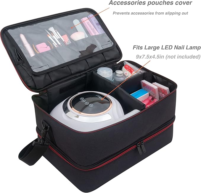ButterFox Extra Large Nail Polish Organizer Case, Holds 60-66 Bottles and Nail Dryer Lamp, Large Nail Supplies and Accessories Storage Holder Bag (Black/Red)