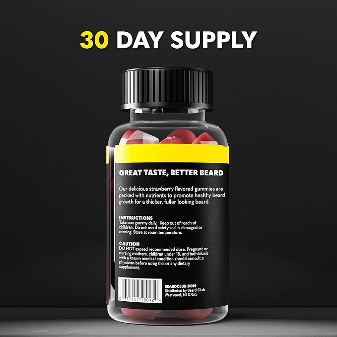The Beard Club Biotin Beard Growth Vitamin Gummies - Beard and Hair Supplement for Men - Vitamins B12, E, & C to Support a Thicker Fuller Looking Beard - Mens Beard Care - Strawberry Gummy