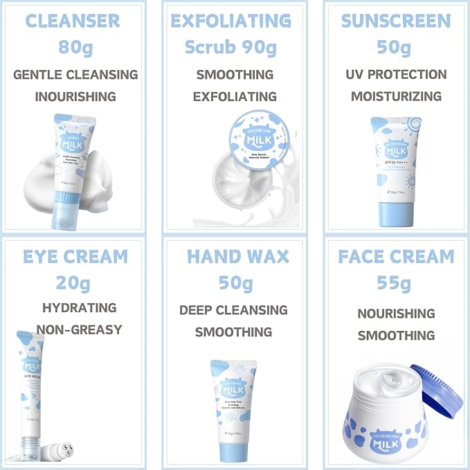 Skincare Kits Milk Girls Gifts - Teen Skin Care Set - Skin Care Routine Kit for Women - with Hand Wax,Sunscreen,Face & Eye Cream,Exfoliating Scrub,Cleanser - Mother's Day Gifts (8PCS, Milk)