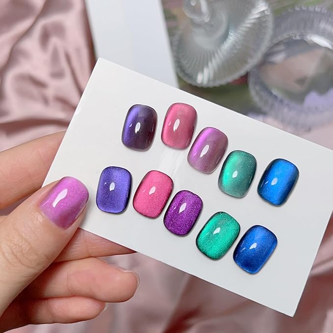 5Pcs 12ML Adhere Cat Eye Soak Off UV LED Gel Nail Polish Set,Water Light Sensation Colorful Light Ultrafine Magnetic Powder Blue Green Cat Eye with Magnet+ 7.3ML Black Color Gel Polish