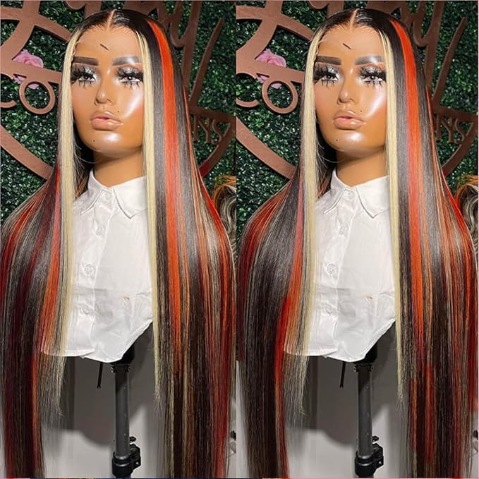 30 Inch Highlight Ginger Blonde Lace Front Wigs Human Hair Skunk Stripe 13x4 Lace Frontal Wig Pre Pluckrd with Baby Hair Straight Black Ginger and Blonde Ombre Wigs Glueluess Human Hair for Women