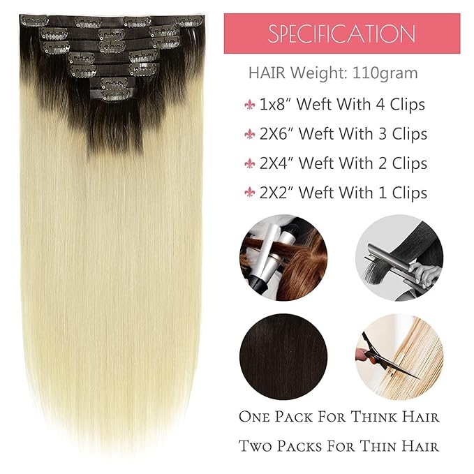 Loxxy Seamless Clip in Hair Extensions Real Human Hair Clip in Extensions Rooted Darkest Brown to Platinum Blonde Ombre 7Pcs 110G 20Inch #R2-60A Invisible PU Skin Weft Natural Remy Human Hair