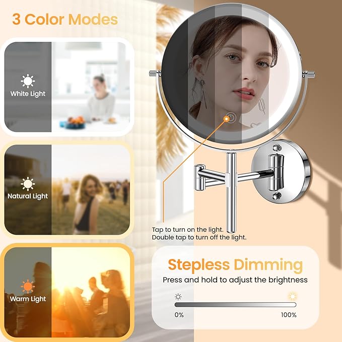 Benbilry Lighted Wall Mounted Makeup Vanity Mirror with Magnification 10X/1X, Adjustable Height & 3 Color Lights, Rechargeable 8" Dual Use Magnifying Tabletop Mirror, 360° Swivel with Extendable Arm