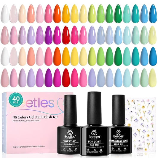 beetles Summer Gel Nail Polish Set - 40 Pcs 36 Colors Nail Polish Kit Pink Red Green Blue Color Gel with Base & Glossy Matte Top Coat UV LED Petal Symphony Collection Nail Art Manicure Gift for Women