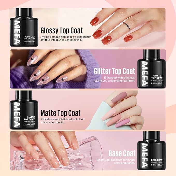 MEFA 60 Pcs Gel Nail Polish Kit with U V Light, 32 Colors All Seasons Soak Off Gel Polish Nail Set with Matte/Glossy Glitter Base Top Coat Manicure Tools Nails DIY Decorations Gifts for Women