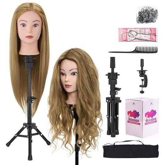 28 Inch Mannequin Head 60% Human Hair with Tripod Stand,Mannequin Cosmetology Manikin Practice Doll Head with stand,Braiding Hairdressing Head for Hair Styling with Table Clamp + DIY Hair Styling Set