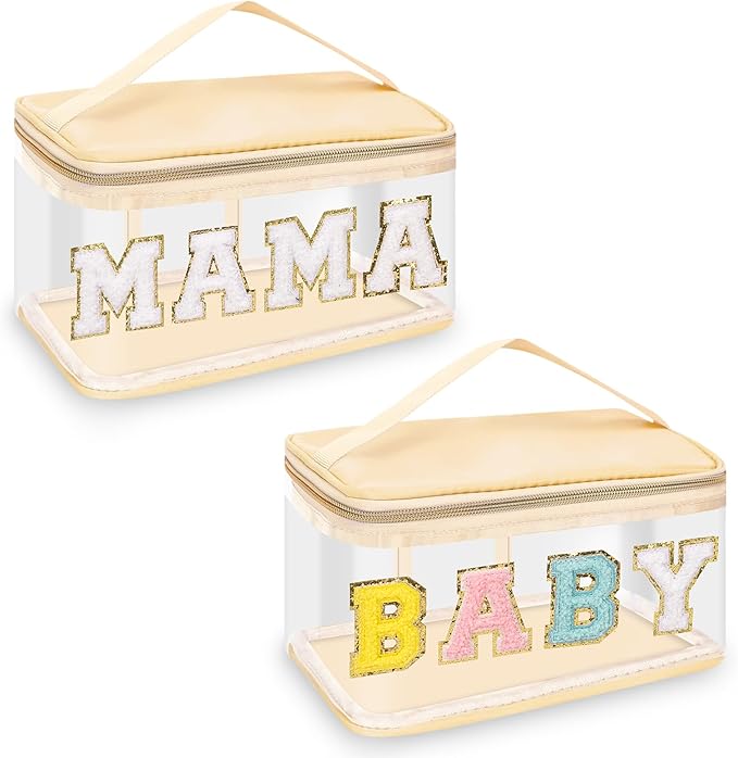 2 Pcs Chenille Letter Clear Makeup Bags Mama Baby Pouch, Preppy Patch Makeup Bag Mama Baby Hospital Duffle Bag Zipper with Handle, Travel Baby Toiletry Bag Nylon Cosmetic Handbag for Women(MAMA+BABY)