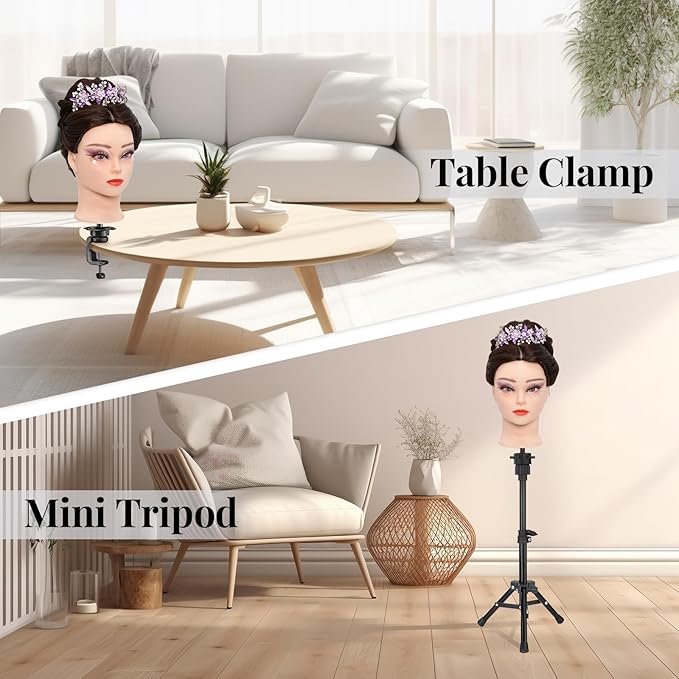 28 Inch Mannequin Head 60% Real Hair with Tripod Stand,Make up Cosmetology Manikin Practice Doll Head with Hair,Braiding Hairdressing Head for Hair Styling with Table Clamp + DIY Hair Styling Set #4