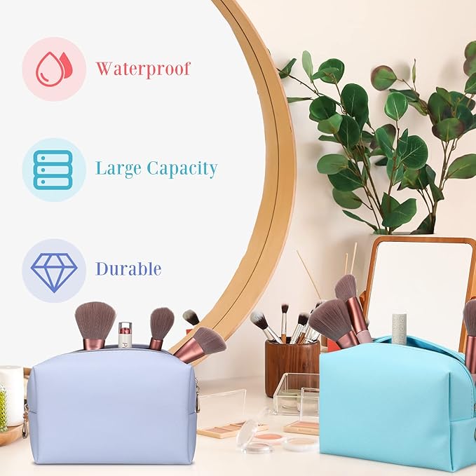 Sanwuta 9 Pcs Preppy Makeup Bag PU Leather Cosmetic Bag Makeup Pouch Plain Waterproof Toiletry Organizers for Traveling Preppy Travel Purse End of the Year Teacher Gifts Bulk(Pink, Blue, Purple)