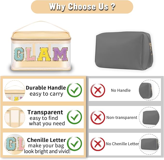 Chenille Letter Clear Makeup Bags Glam Pouch, Preppy Patch Makeup Bag Zipper with Handle, Transparent PVC & Nylon Waterproof Glitter Cosmetic Handbag Travel Toiletry Storage for Women Girl(GLAM-Beige)