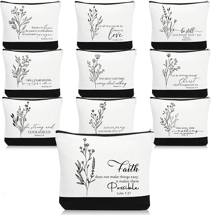 10Pcs Christian Gifts for Women Religious Cosmetic Bags Inspirational Bible Verse Pencil Pouch Canvas Makeup Bags Bulk with Zipper for Mother Sister Church Favors