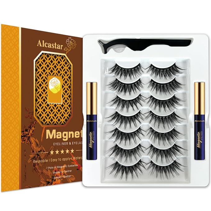 Alcastar Magnetic Eyelashes with Eyeliner Kit, Magnetic Lashes Natural Looking with, Reusable,Long Lasting, Easy Apply,Cruelty-Free. (B-cat eye72D38)