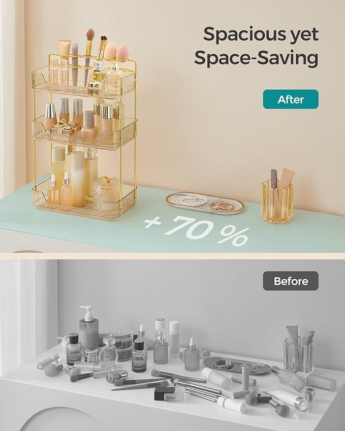 SONGMICS Makeup Organizer, 3-Tier Skincare Organizer Countertop, Customizable, 2 Types of Accessories, Jewelry Holder, for Vanity, Bedroom, Bathroom, Champagne Gold UJKA013A01