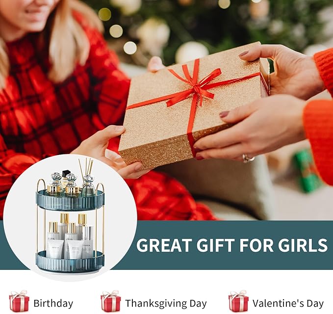 360° Rotating Makeup Organizer, Bathroom Organizers and Storage Holder Rack, Large Capacity Vanity Shelf Countertop, Fits Cosmetics, Perfume, Skin Care(Blue, 2 Tiers)