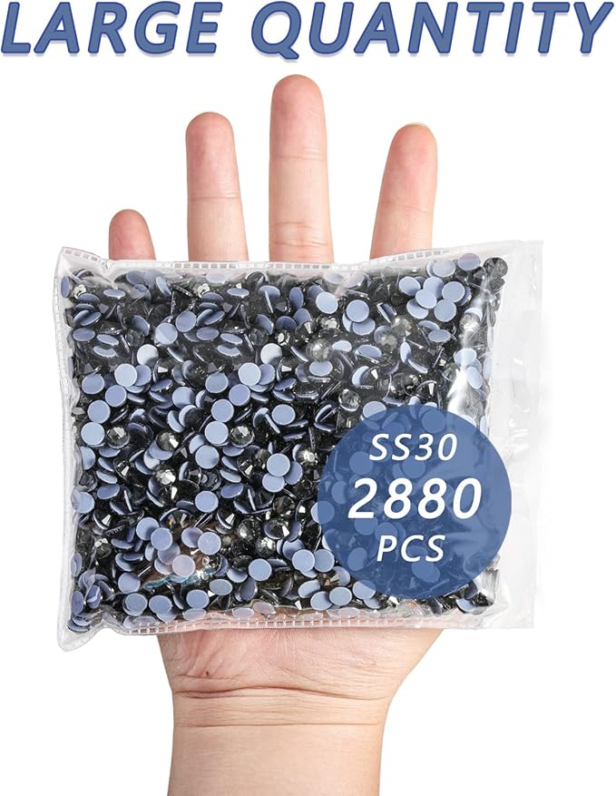 Beadsland Hotfix Rhinestones Bulk, 2880pcs Gray Hot Fix Rhinestones for Crafts Clothes DIY Decoration, Black Diamond, SS30, 6.3-6.5mm