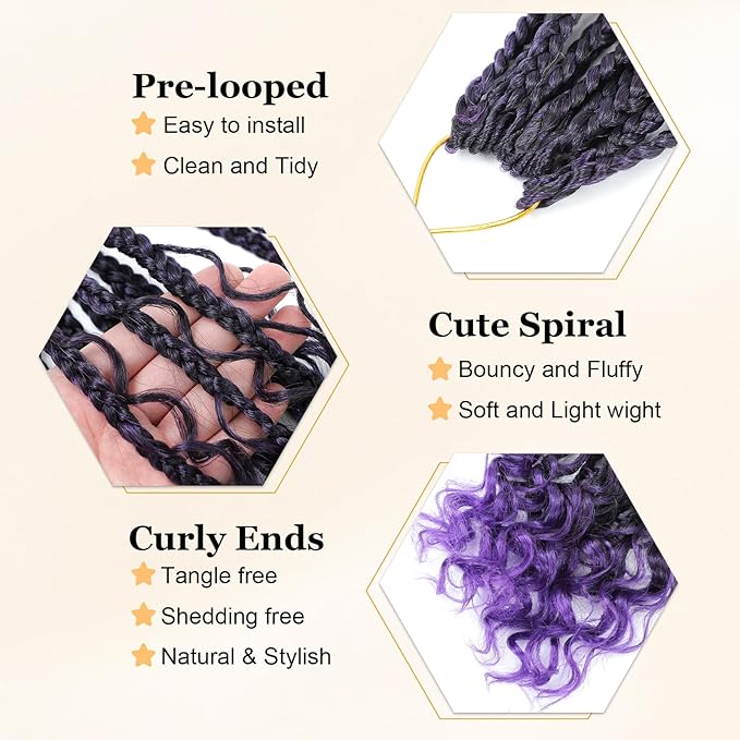 9 Packs Goddess Box Braids Crochet Hair Boho Crochet Box Braids With Curly Ends Crochet Hair For Black Women, 14 Inch Pre Looped Bohemian Crochet Box Braids Hair (14Inch 9 Packs,Tpurple)
