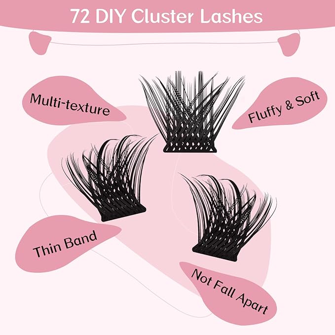 Lash Clusters, 72 Pcs Individual Cluster Lashes DIY Lash Extension 10-16mm Eyelash Clusters Volume Wispy Lashes Super Thin Band Reusable Soft & Comfortable(Posh,D-14mm)