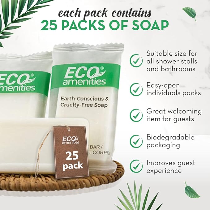ECO amenities Bar Soap Bulk - 25 Pack, 1.0 oz Travel Size Soap Bars - Individually Wrapped For Hotels - Great for Vacation Rental and Airbnb Toiletries or Hygiene Kits Supplies