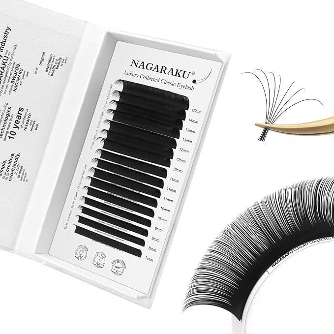 NAGARAKU Individual Eyelash Extensions, Luxury Collected Classic Single Lashes Upgraded 3rd Generation Soft Natural Beauty Salon Professional Lash Supplies 16 Rows Matte Black -0.10 D Curl 7-15mm Mix
