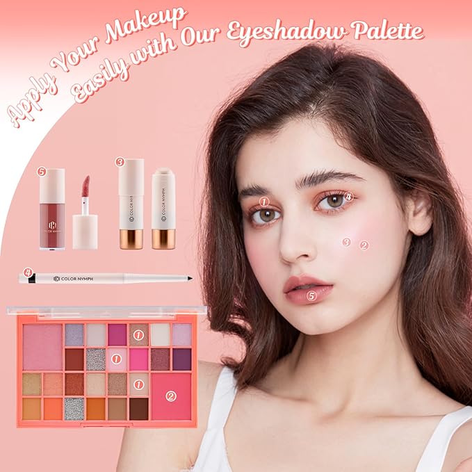 Color Nymph Makeup for Kids with LED Mirror, Make Up Set with Carrying Case for Beginners, Including 26-Color Face Palette Highlighter Lipgloss Eyeliner Dual-Ended Brush