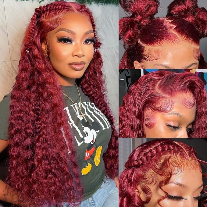 99j Burgundy Lace Front Wigs Human Hair 180%Density 13x4 Deep Wave Lace Front Wigs Human Hair Pre Plucked Wine Red Curly Wet Wavy Human Hair Wig HD Full Lace Frontal Glueless Wigs For Women 22 Inch