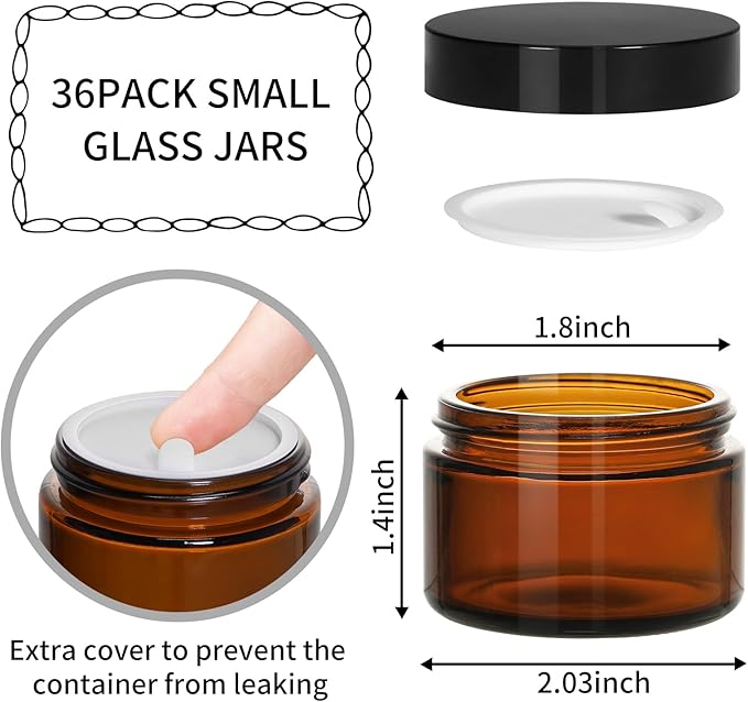 KEYWING 1oz Amber Glass Jars with Black Lids, 36 Pack Small Round Glass Cosmetic Jars with Inner Liners for Lotions, Cream, Powders and Ointments