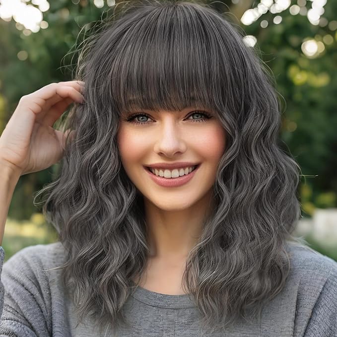 AISI HAIR Grey Salt & Pepper Synthetic Wavy Curly Bob Wig with Bangs Short Wavy Hair for Women Synthetic Heat Resistant Bob Wigs