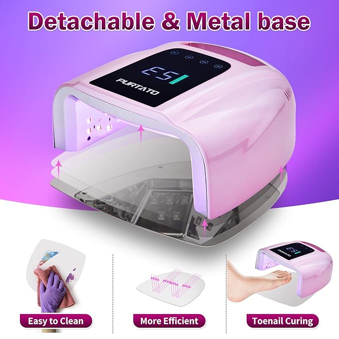 Professional Rechargeable 96W UV LED Portable Cordless UV Light for Nail Lamp Machine with Removable Stainless Steel Bottom,4 Timer Setting and Smart Sensor Nail Dryer (Plating Pink)