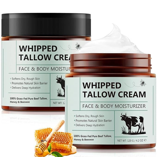Beef Tallow for Skin, Tallow Face Moisturizer, 8.4 oz Organic Whipped Grass Fed Beef Tallow with Honey Cream for Face & Body, Unscented