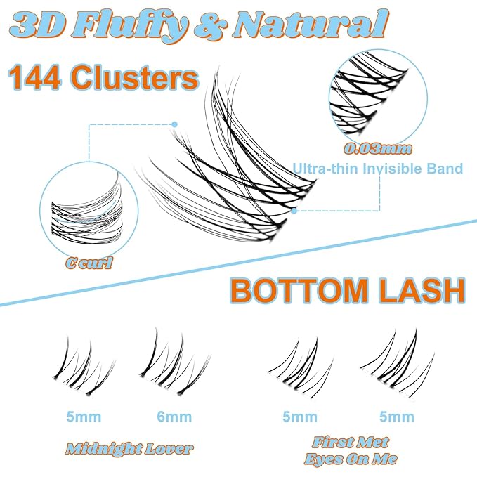 Individual Cluster Lashes D Curl DIY Extension Kit - Classic 8-18mm With Bond, Seal, and Remover - Ultra-Invisible Band, No-Glue Lower Lashes, First Met-Kit