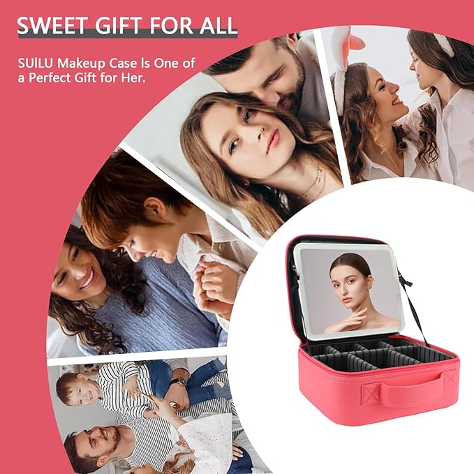 Travel Makeup Bag with LED Lighted Mirror,Cosmetics Organizer, Makeup Bag with 3 Color Lighted Setting, Portable Storage and Adjustable Dividers Travel Makeup Bag(light red)