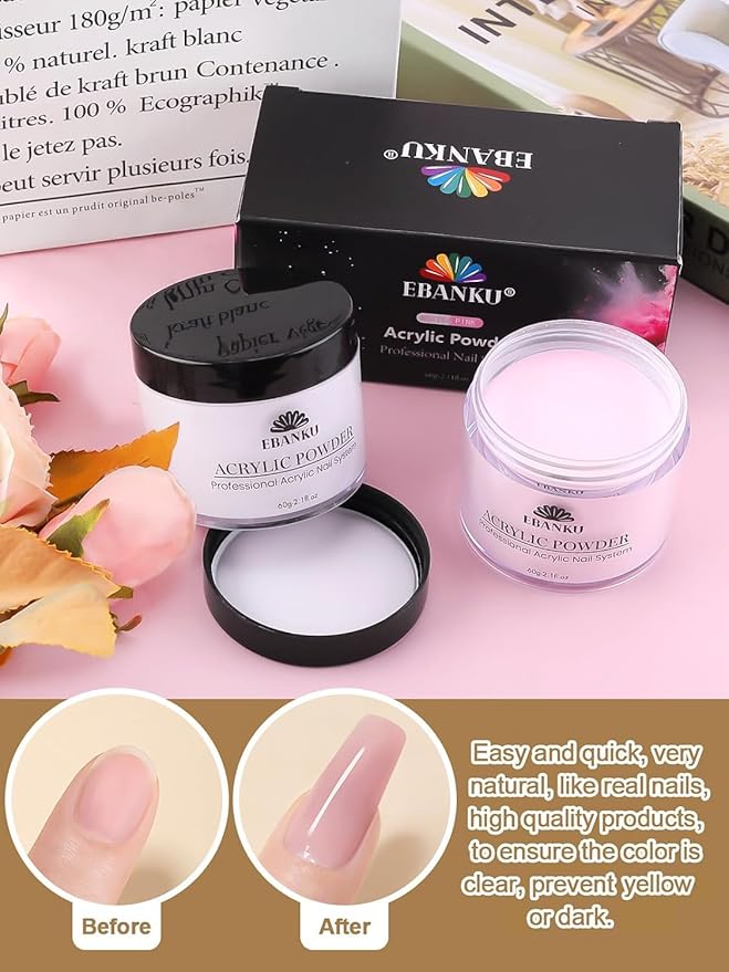 EBANKU Acrylic Nail Powder Set, 2 Colors Pink & White, Professional Powder for Nail Extension, Carving, Long-Lasting, No Lamp Needed, 2.1 oz