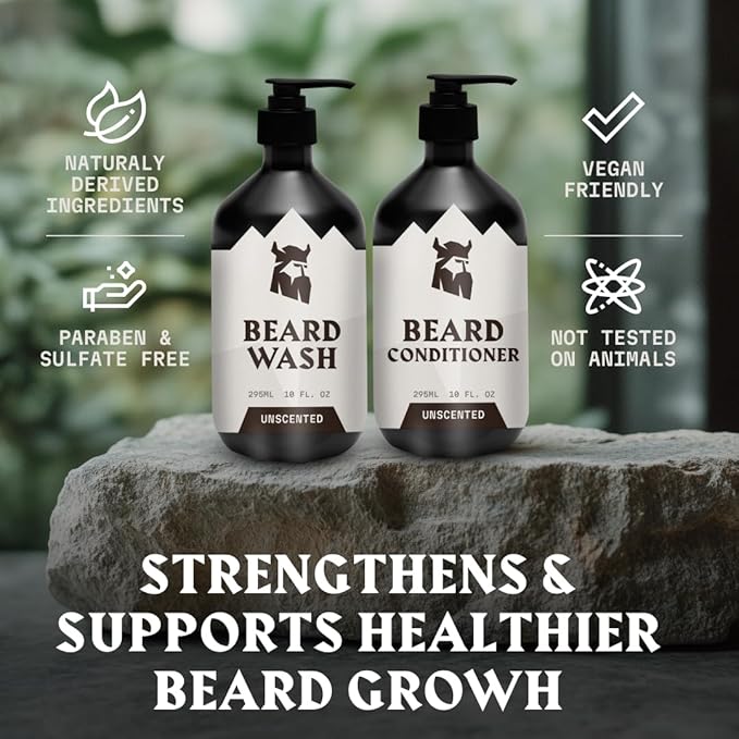 Striking Viking Beard Wash and Conditioner Unscented Scent - 10 Fl Oz (Pack of 2) Beard Shampoo and Conditioner Paraben & Sulfate Free for Men - Deep Cleansing for all Beard Types (Unscented)