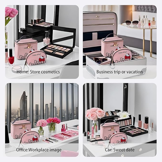 AmBealla Travel Makeup Bag Large Cosmetic Bags with Brush Holder, Pink Waterproof 2PCS Portable Cosmetic Case for Women, Toiletry Storage Bag for Skincare & Beauty Tools for Girls